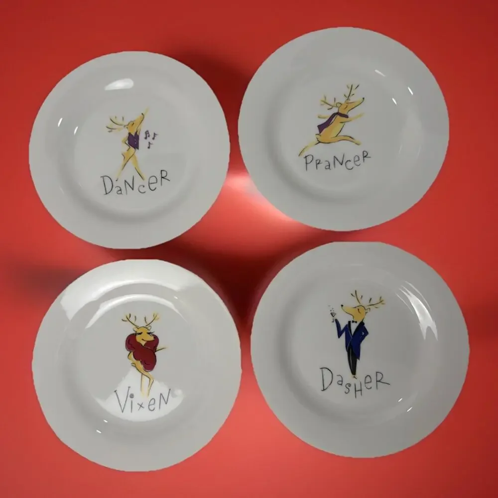 Pottery Barn Reindeer Set of 4 Salad Dessert Plates Vixen Dasher Dancer Prancer